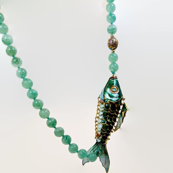 Vintage Jade Fish Necklace: Chinese Export, Cloisonné, Articulated Pendant, Big - Picture 6 of 6